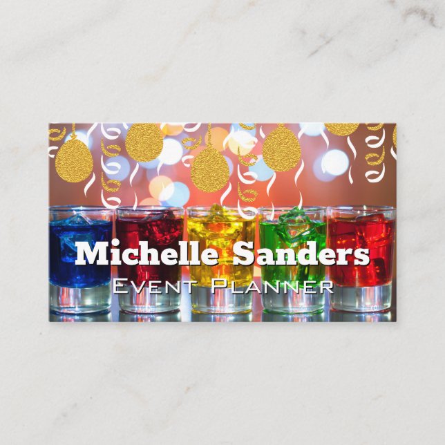 Gold Balloons and Confetti | Colourful Shot Glasse Business Card (Front)