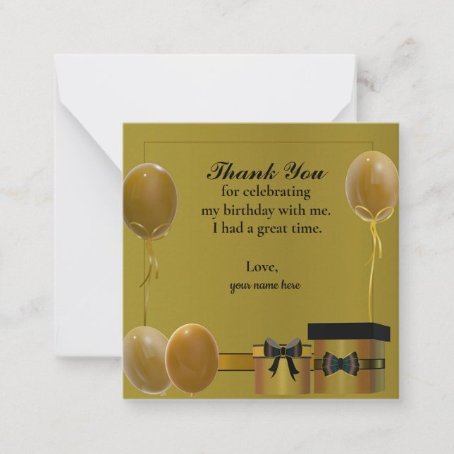 Gold Balloons And Gift Box Thank You Card (Front)