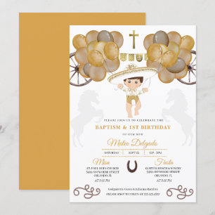 Gold Balloons Baby Charro Mexican Baptism Invitation