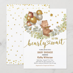 Gold Balloons Bear We Can Bearly Wait Baby Shower  Invitation