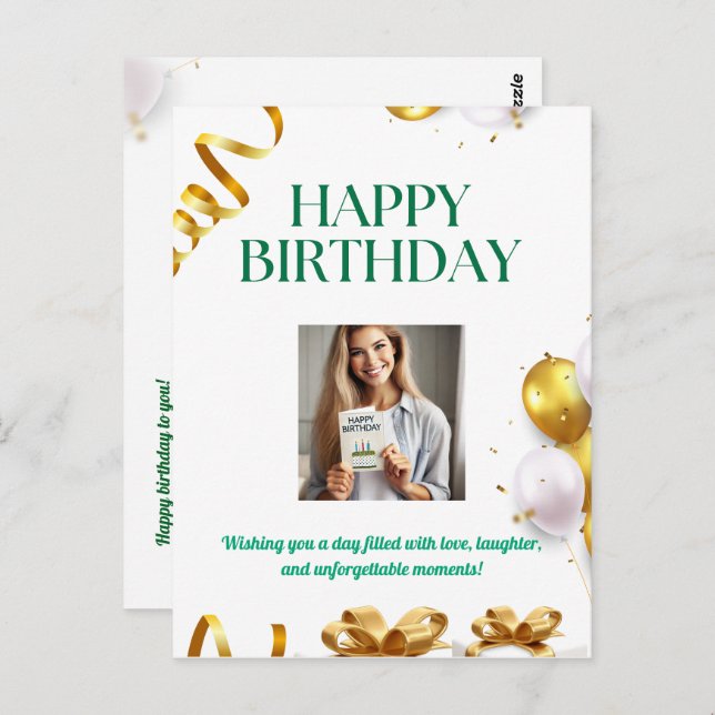 Gold Balloons Birthday Card with Gifts and Ribbons (Front/Back)
