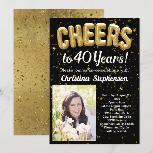 Gold Balloons Cheers 40 Years 40th Birthday Photo Invitation (Front/Back)