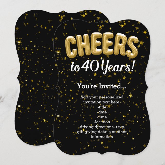 Gold Balloons Cheers to 40 Years 40th Birthday Invitation (Front/Back)
