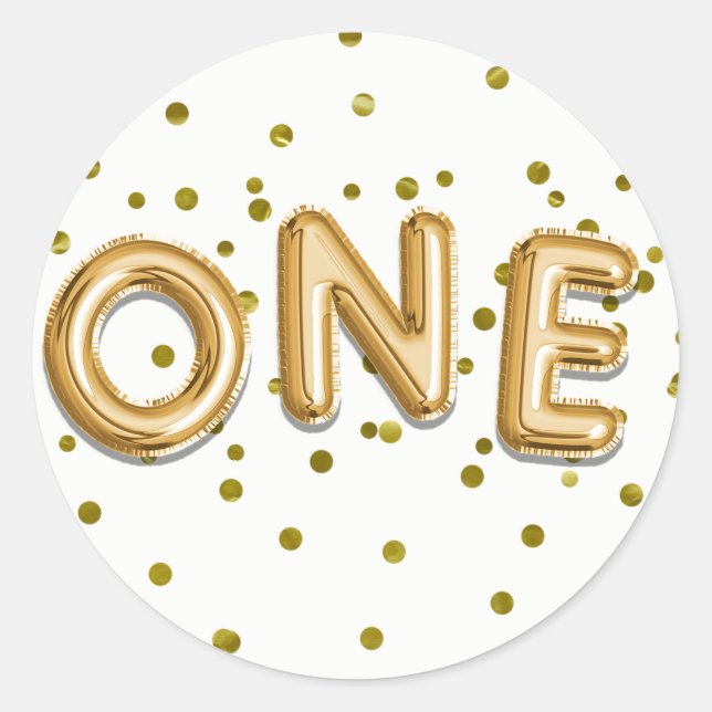 Gold Balloons & Confetti ONE 1st Birthday Party Classic Round Sticker (Front)
