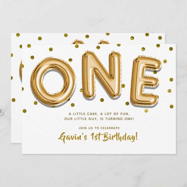Gold Balloons & Confetti ONE 1st Birthday Party Invitation (Front/Back)