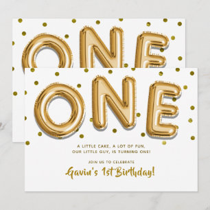 Gold Balloons & Confetti ONE 1st Birthday Party Invitation