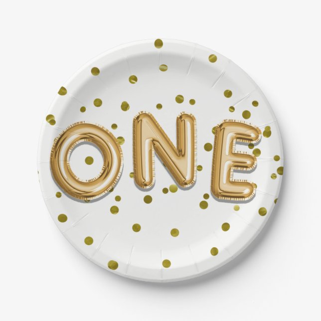 Gold Balloons & Confetti ONE 1st Birthday Party Paper Plate (Front)