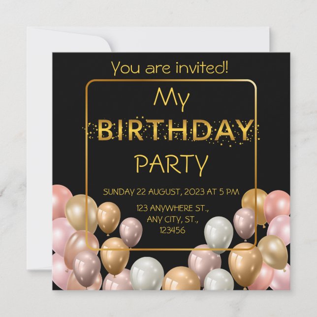 Gold Balloons. Elegant birthday Invitation (Front)