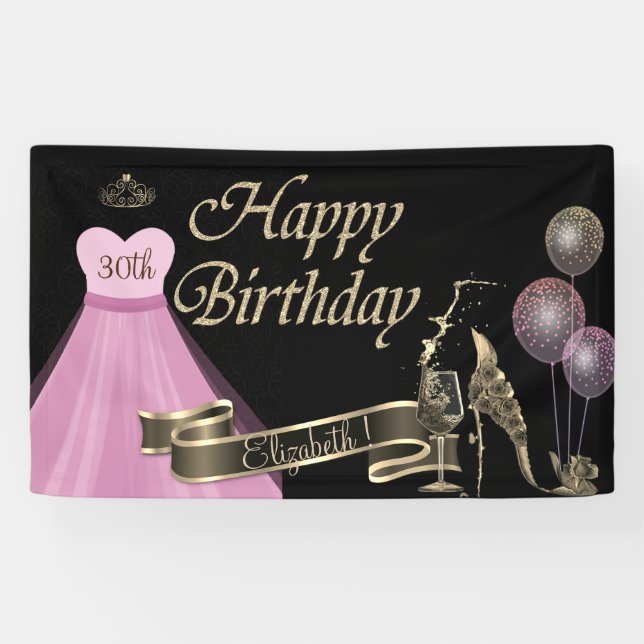 Gold Balloons,Glass,Heel, Dress, Black Banner (Horizontal)