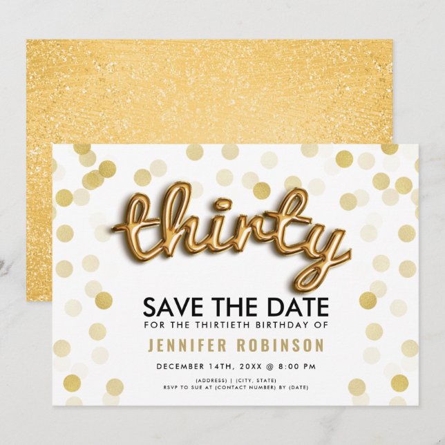 Gold Balloons Glitter 30th Birthday Save The Date Invitation (Front/Back)