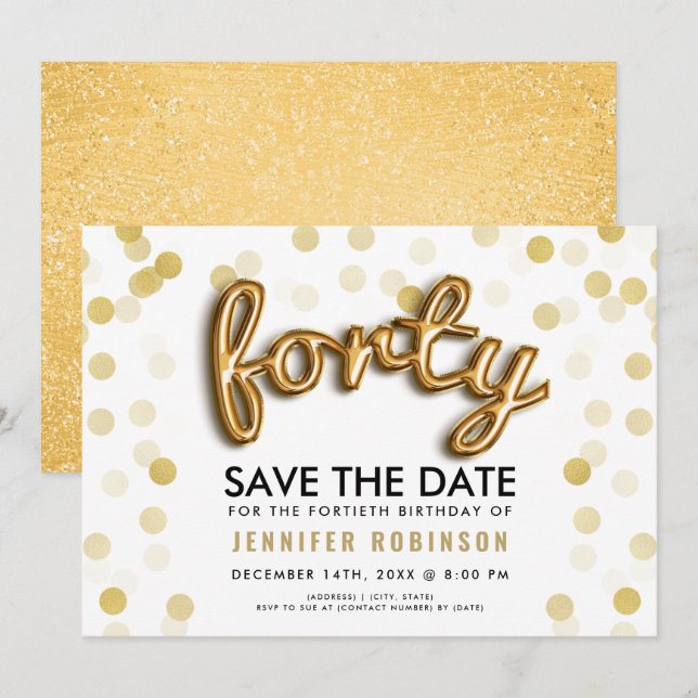 Gold Balloons Glitter 40th Birthday Save The Date Invitation (Front/Back)