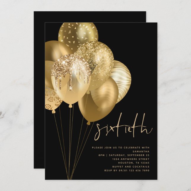 Gold Balloons Glitter Black 60th Birthday Party Invitation (Front/Back)