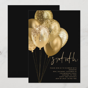 Gold Balloons Glitter Black 60th Birthday Party Invitation