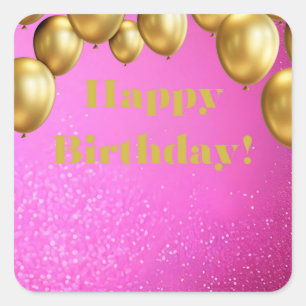 Gold Balloons Luxe Pink Glitter Happy Birthday! Square Sticker