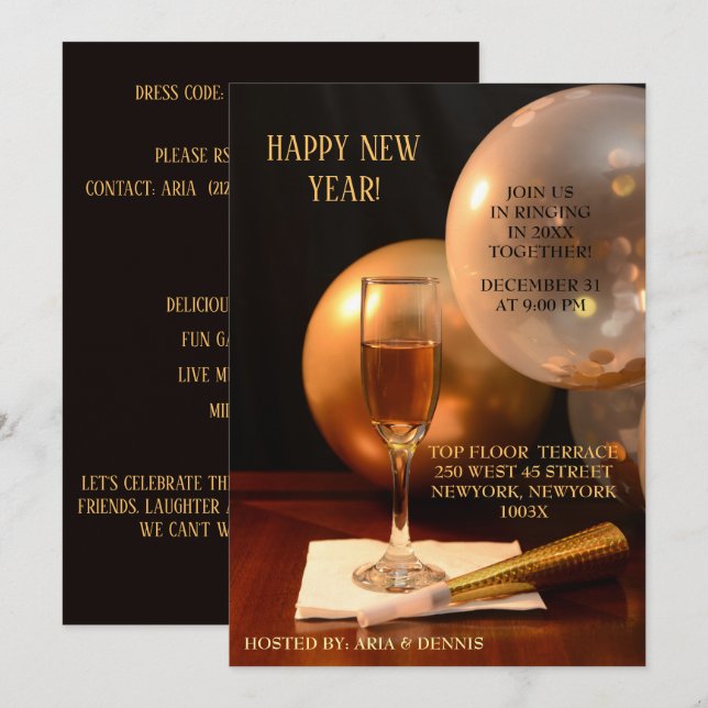 Gold Balloons New Year Champagne Flute  Invitation (Front/Back)