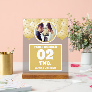 Gold Balloons Photo Wedding Table Number Frosted Acrylic Sign