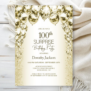 Gold Balloons Surprise 100th Birthday Party Invitation