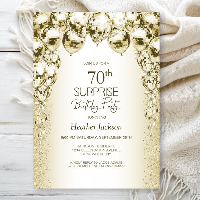 Gold Balloons Surprise 70th Birthday Party Invitation (Creator Uploaded)