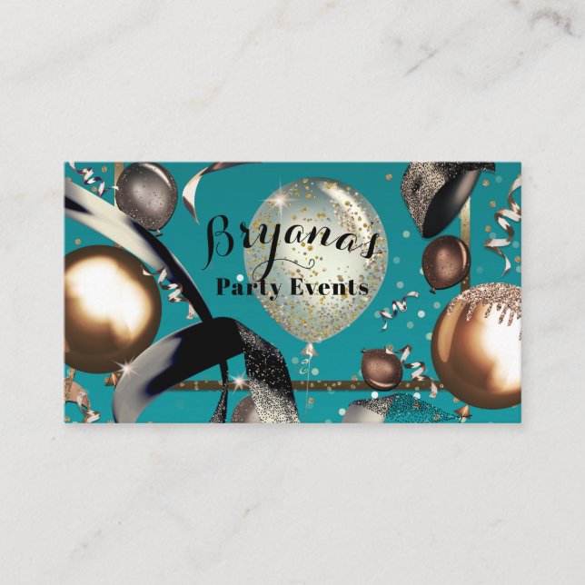 Gold Balloons Teal Turquoise Black Party Planner Business Card (Front)