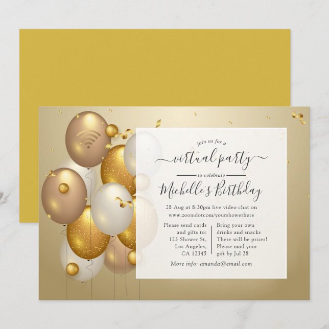 Gold Balloons Virtual Birthday Party Invitation (Front/Back)