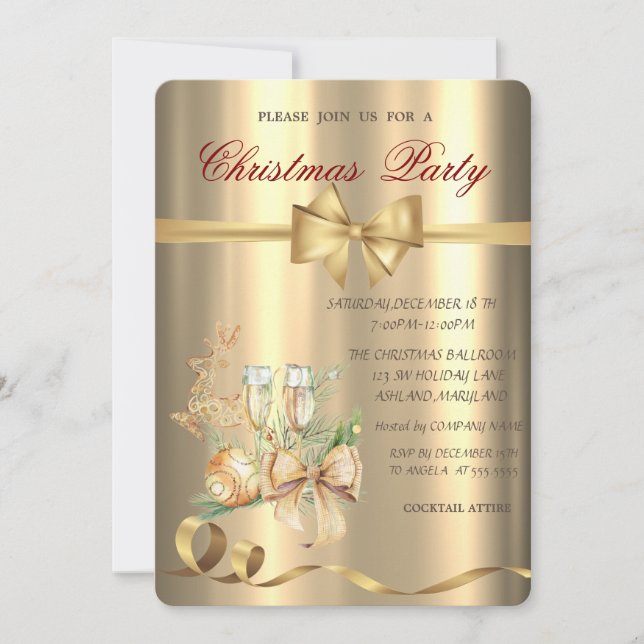 Gold Balls,Bow,Reindeer Christmas Party  Invitation (Front)