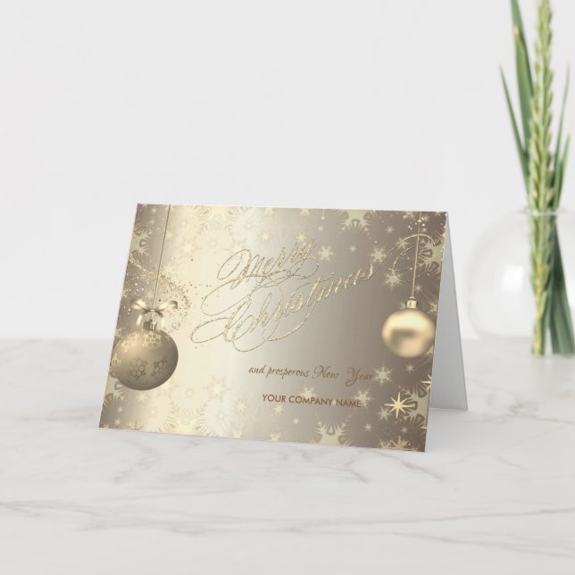 Gold Balls Snowflakes Stars Corporate Greeting Holiday Card (Front)