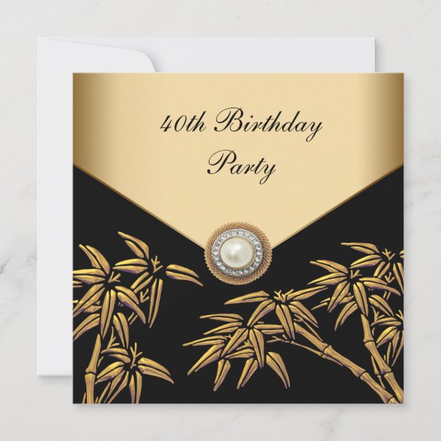 Gold Bamboo Pearl Asian 40th Birthday Party Invitation (Front)