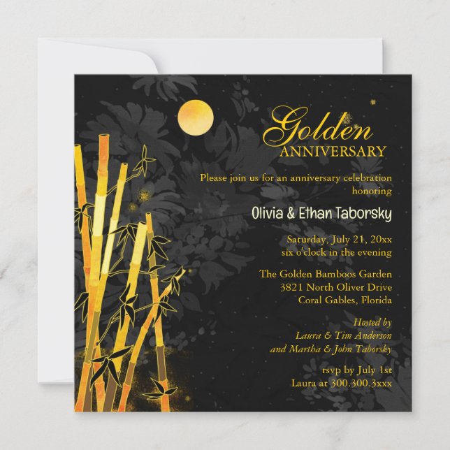 Gold Bamboos 50th Golden Wedding Anniversary Invitation (Front)
