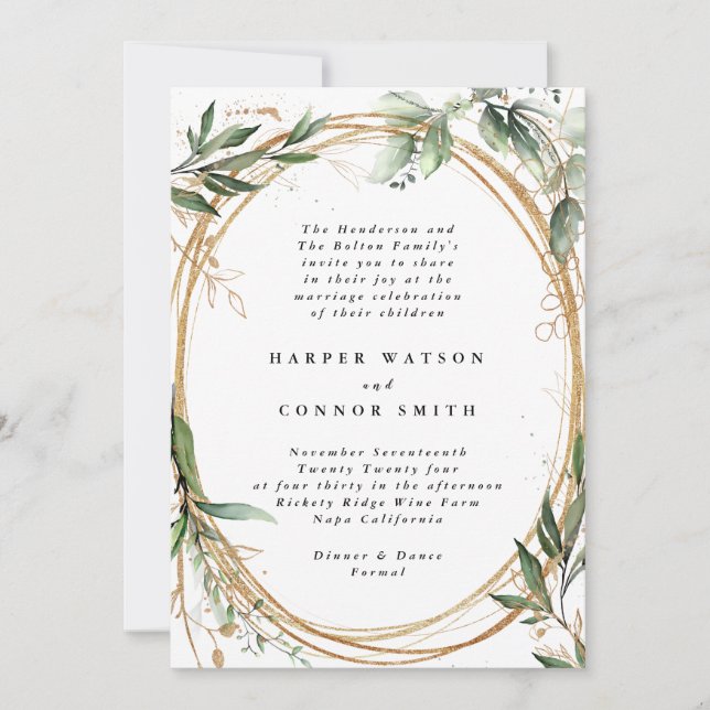 Gold Bands Eucalyptus Elegant Wedding Invitation (Front)