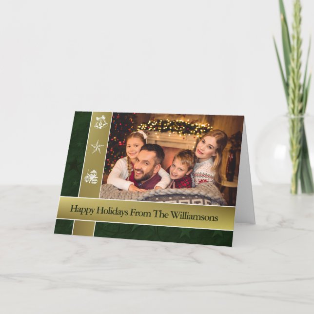 Gold Bands Green Surround Family Photo Holiday Card (Front)
