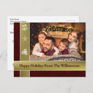 Gold Bands Red Surround Family Photo Holidays Postcard