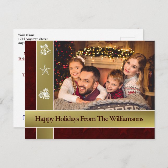 Gold Bands Red Surround Family Photo Holidays Postcard (Front/Back)