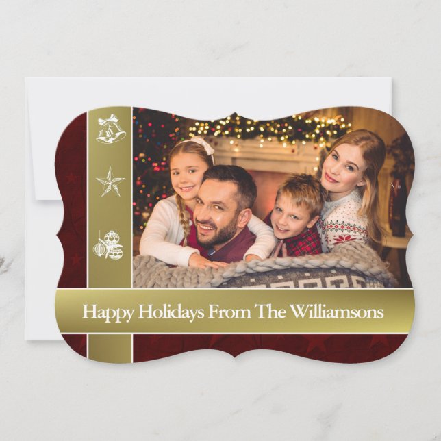 Gold Bands Surround Family Photo Fancy Cut Holiday Card (Front)