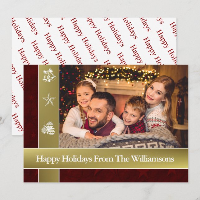 Gold Bands Surround Family Photo Happy Holidays Holiday Card (Front/Back)