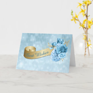 Gold Banner with Blue Flowers Wedding  Card
