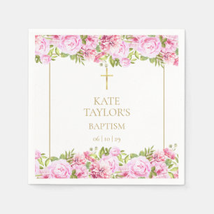 Gold Baptism Christening Pink Roses Floral Napkin