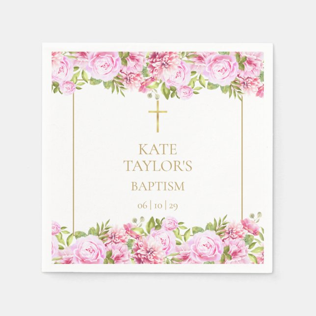 Gold Baptism Christening Pink Roses Floral Napkin (Front)