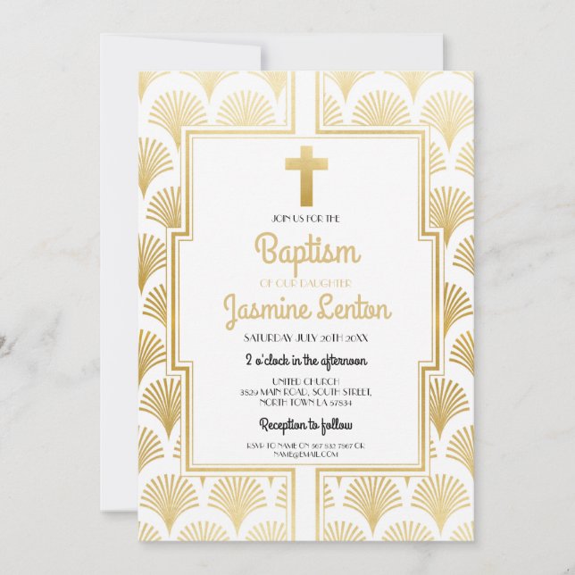 Gold Baptism Cross Christening Twenties Art Deco Invitation (Front)