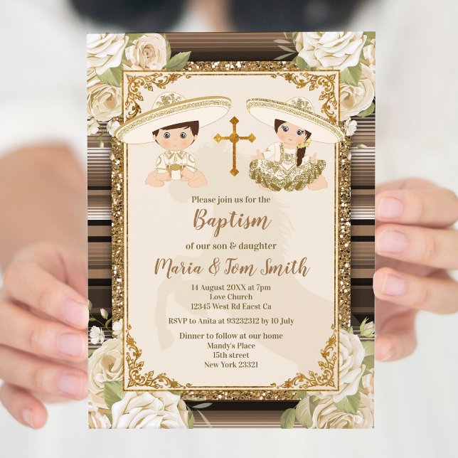 Gold Baptism Fiesta Floral Twin Boy and Girl  Invitation (Creator Uploaded)