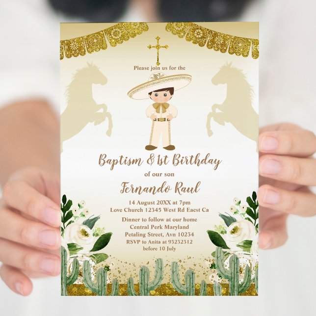  Gold Baptism First Birthday Mexican Floral Invitation (Creator Uploaded)