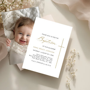 Gold Baptism Photo Invitation For Baby Boy or Girl