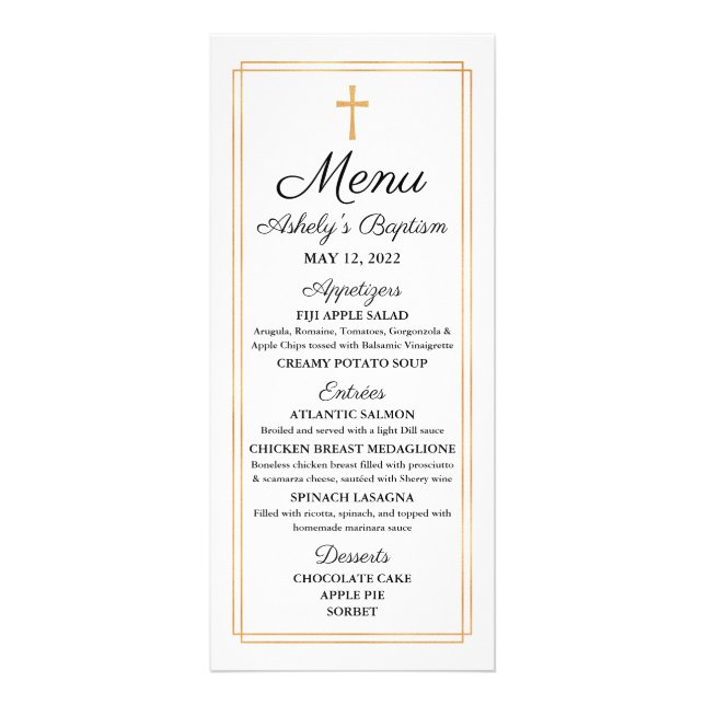 Gold Baptism Religious Menu Card (Front)