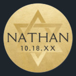 Gold Bar Mitzvah Bat Mitzvah Star of David Name Classic Round Sticker<br><div class="desc">Elegant modern classic bar mitzvah stickers with custom name, date and Star of David. These stylish bar mitzvah favour tag stickers give a classy look as envelope seals, or on DIY bar and bat mitzvah party decor projects. • • • Click CUSTOMIZE FURTHER to change text colour, font or position. Use "Transfer...</div>