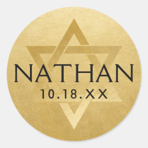 Gold Bar Mitzvah Bat Mitzvah Star of David Name Classic Round Sticker