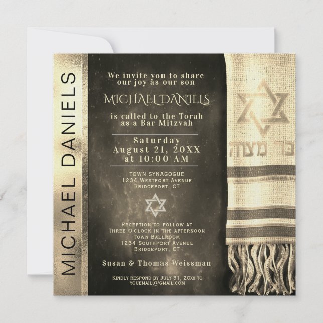Gold Bar Mitzvah Prayer Shawl Invitation (Front)