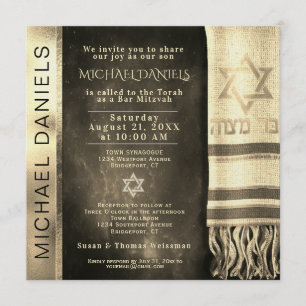 Gold Bar Mitzvah Prayer Shawl Invitation