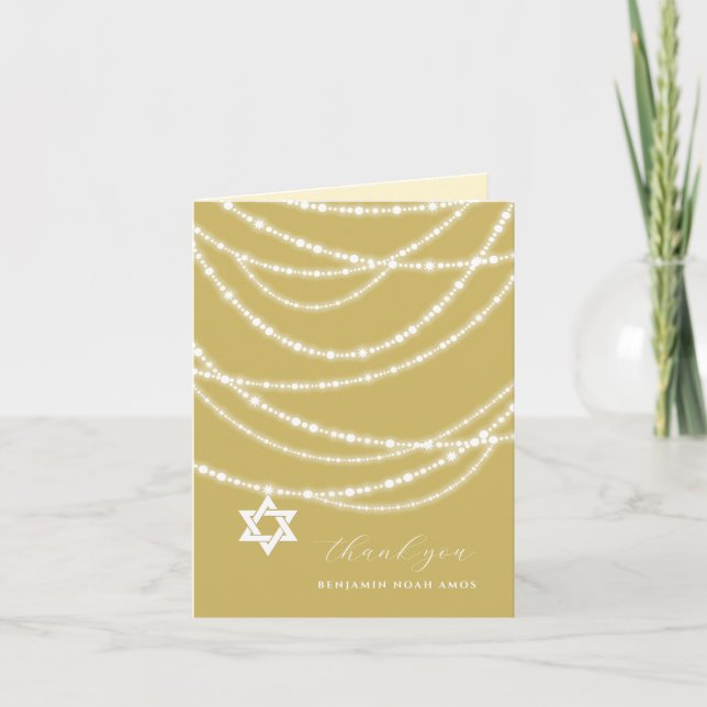 Gold Bar Mitzvah Sparkles Star Of David Photo Thank You Card (Front)