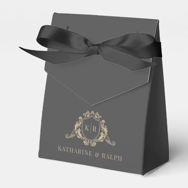 Gold Baroque Crest Dark Grey Monogram Wedding Favour Box (Front Side)