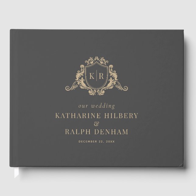 Gold Baroque Crest Dark Grey Monogram Wedding Guest Book (Front)
