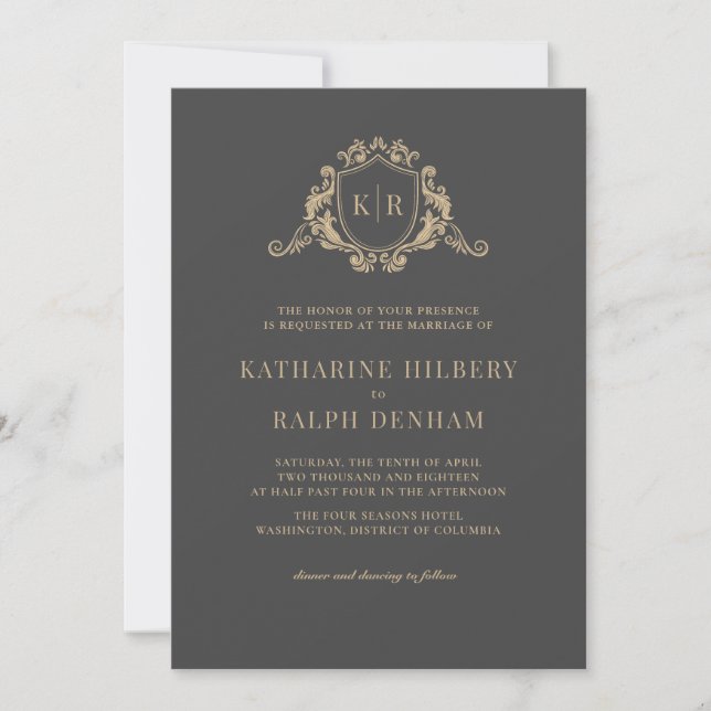 Gold Baroque Crest Dark Grey Monogram Wedding Invitation (Front)